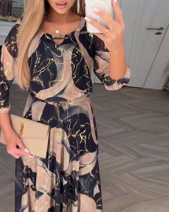 Aurora – Printed Chiffon Maxi Dress with Three-Quarter Sleeves