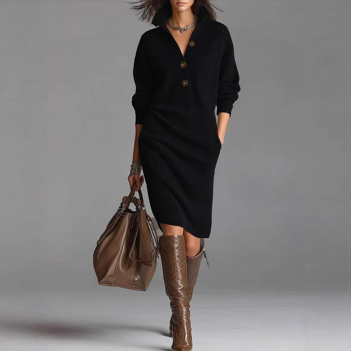Victoria | Soft Knit Midi Dress with Buttons