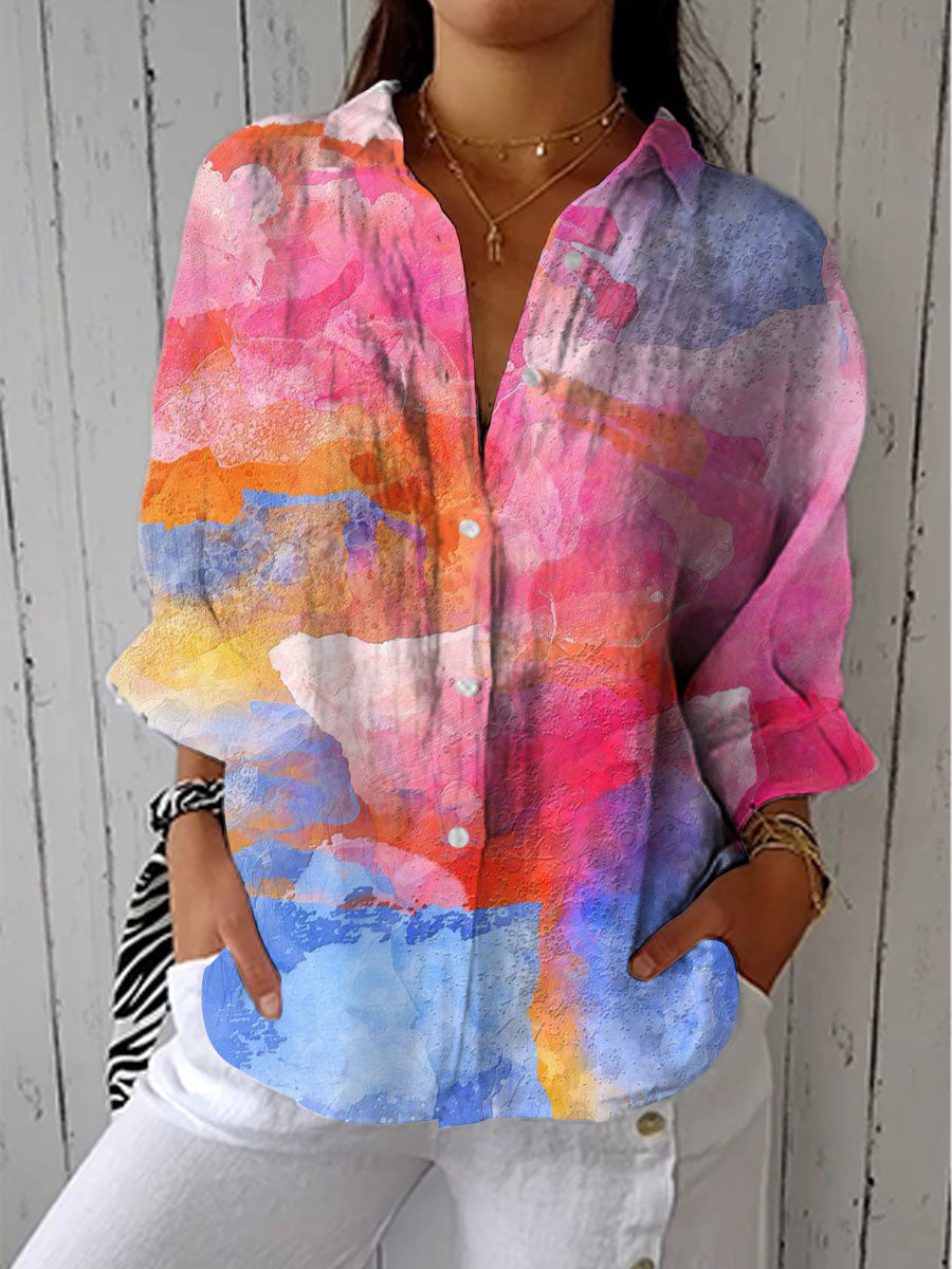 Lilian | Colourful Colour Swoosh Print Casual Linen V-neck Shirt
